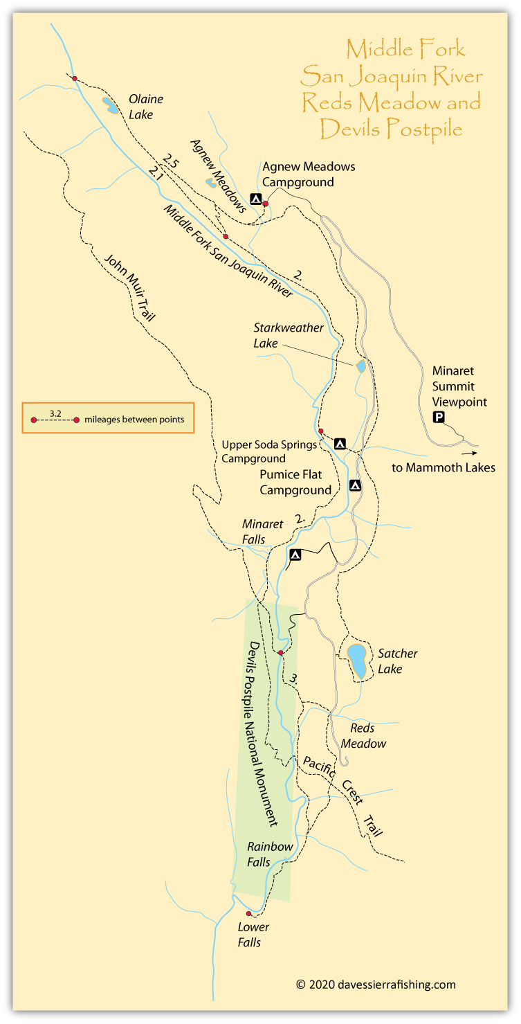 Map of Devils Postpile, Reds Meadow and the San Joaquin River in Mono County, California