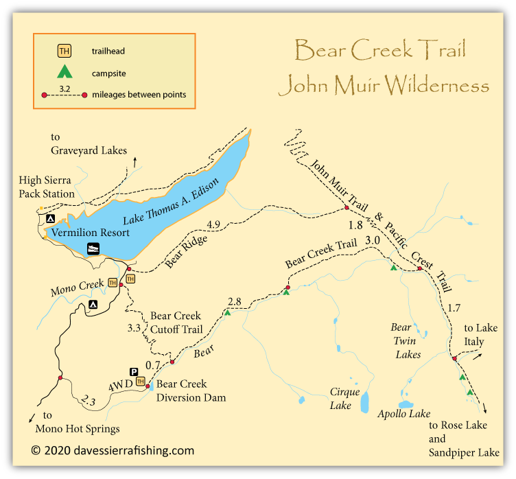 Map of the Bear Creek Trail in the John Muir Wilderness, CA