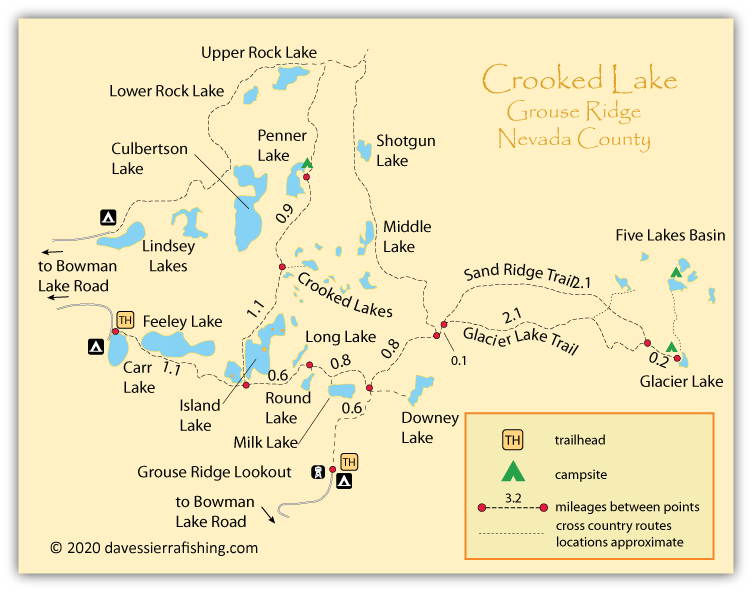 Map of Crooked Lake and Grouse Ridge, Nevada County, California