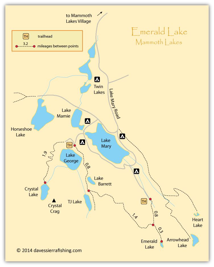 Map of Emerald  Lake, Mammoth Lakes, Mono County, California