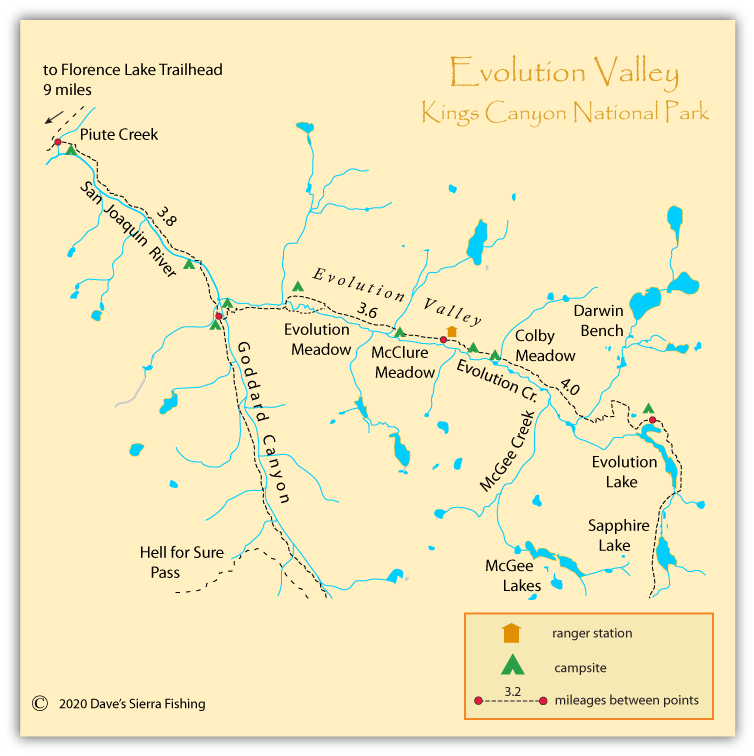 Map of trail to Evolution Valley, Fresno County, California