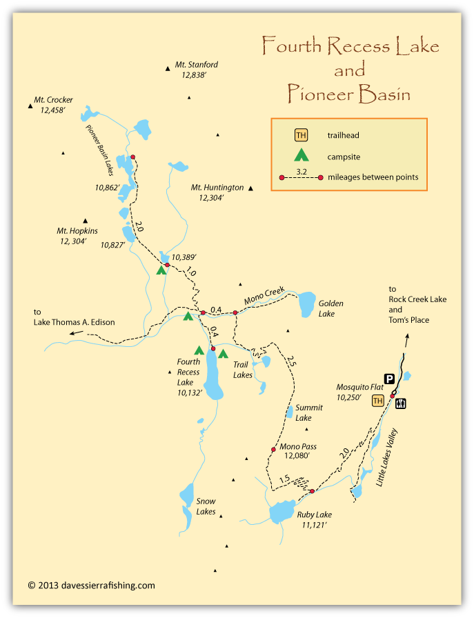 Map of trails to Fourth Recess Lake and Pioneer Basin, John Muir wilderness, CA