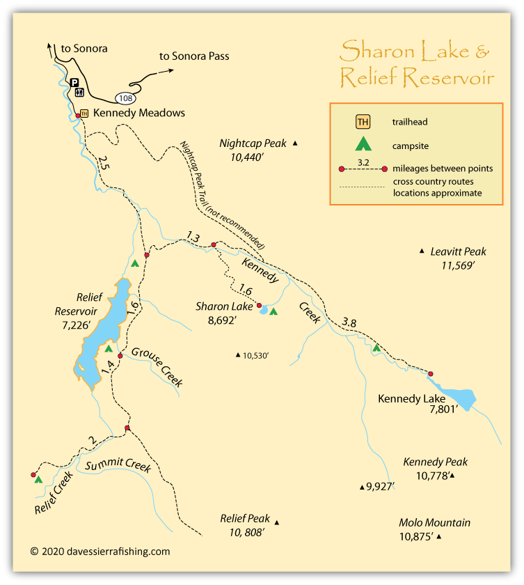 Sandpiper Lake map,  showing  the trail from Kennedy Meadows to Sharon Lake and including Kennedy Lake and Relief Reservoir, Tuolumne   County, California