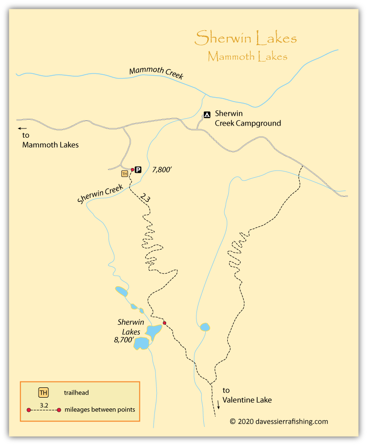 Sherwin Lakes Map, showing the trailhead near Mammoth Lakes and the trail to Sherwin Lakes, Mono County, California.