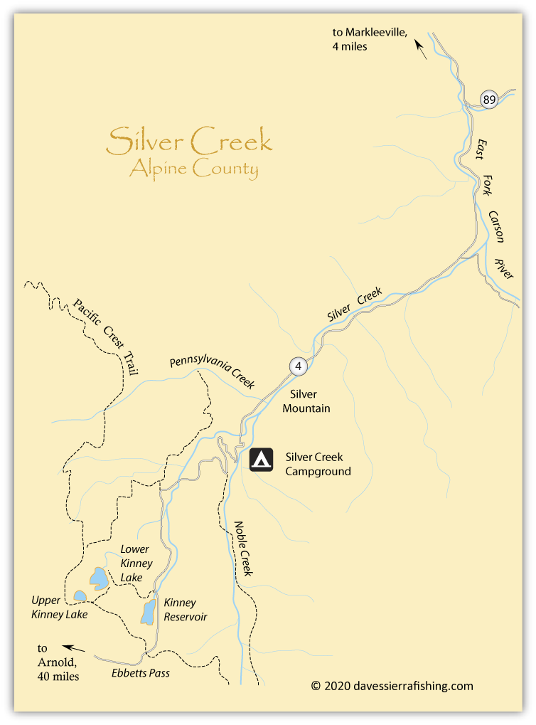 Silver Creek Map, showing Silver Creek on the east side of Ebbetts Pass, Alpine County, California.