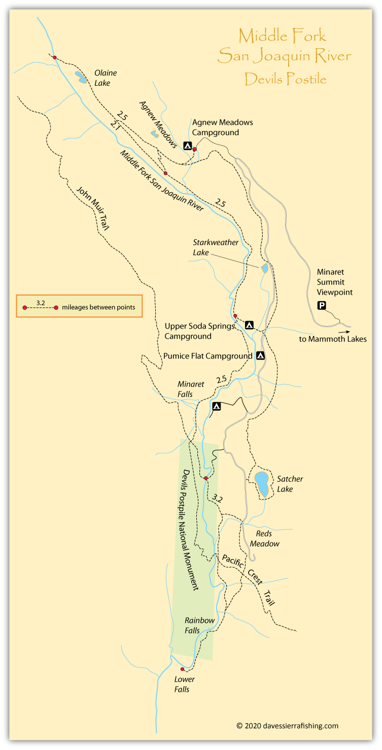 San Joaquin River Middle Fork Map, showing the river, trails, roads, and campgrounds in Reds Meadow, Madera County, California.