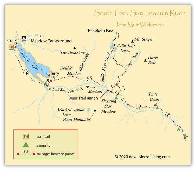South Fork San Joaquin River Map, showing the trails, lakes, and rivers from Florence Lake to Piute Creek, Fresno County, California.