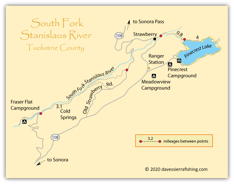 South Fork Stanislaus River Map, showing the trails, Pinecrest Lake, roads, and campgrounds, Tuolumne County, California.