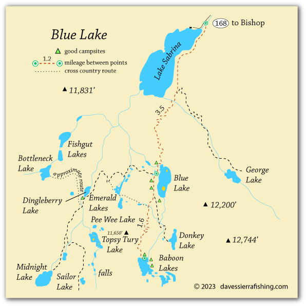 Map of the trails leading to and around Blue Lake, Sabrina Basin, CA