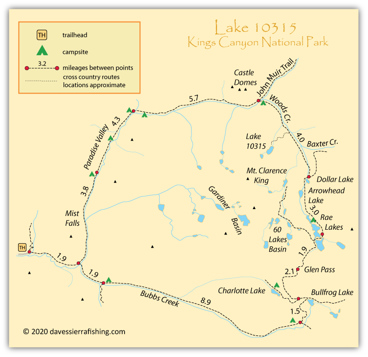 Map of Lake 10315, Kings Canyon National Park, CA