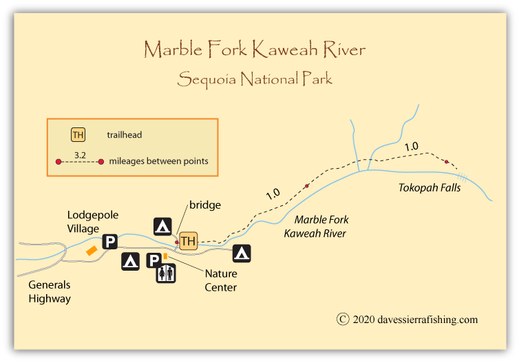 Marble Fork Kaweah River map in Sequoia National Park, California