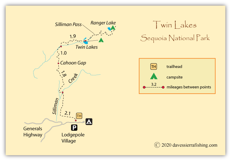 Twin Lakes map, Sequoia National Park, California