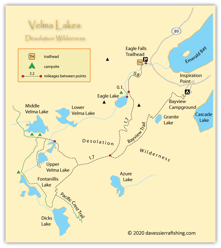 Velma Lakes map, Desolation Wilderness, California